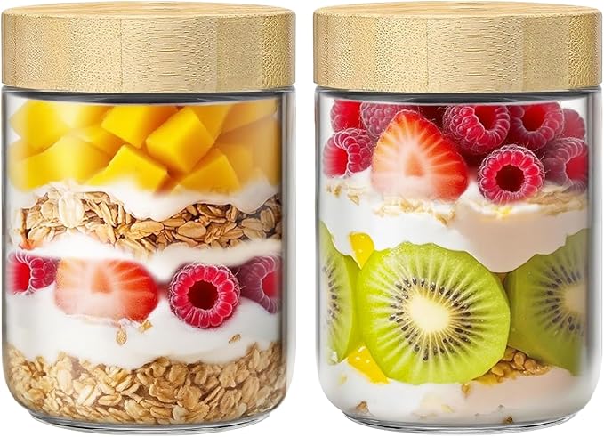 2 Pack 16oz Glass Jars with Bamboo Lids, Overnight Oats Containers with Airtight Lids, Storage Containers Wide Mouth Mason jars for Salad,Yogurt, Sugar, Snacks, Spices