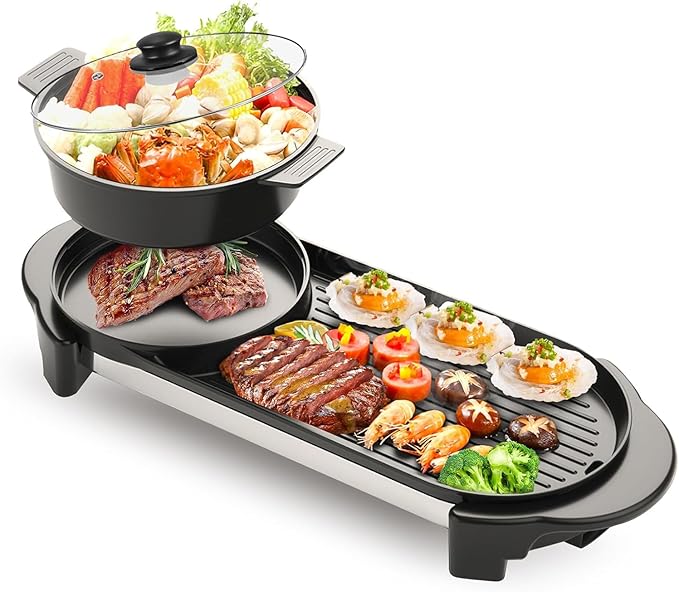 2 in 1 Electric Smokeless Hot Pot with Grill, 2200W Removable Hotpot Pot, Korean BBQ and Shabu Indoor Combo,Non-Stick Skillet Pan, Dual Adjustable Temperature, 1-6 People