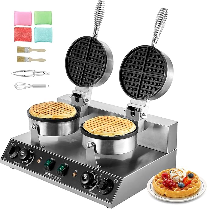 VEVOR Commercial Waffle Maker, Dual-Head Round Waffle Baker Machine, 2460W Non-Stick Stainless Steel Belgian Waffle Iron with Temp and Time Control, Handle, for Restaurant Bakery Snack Bar Family