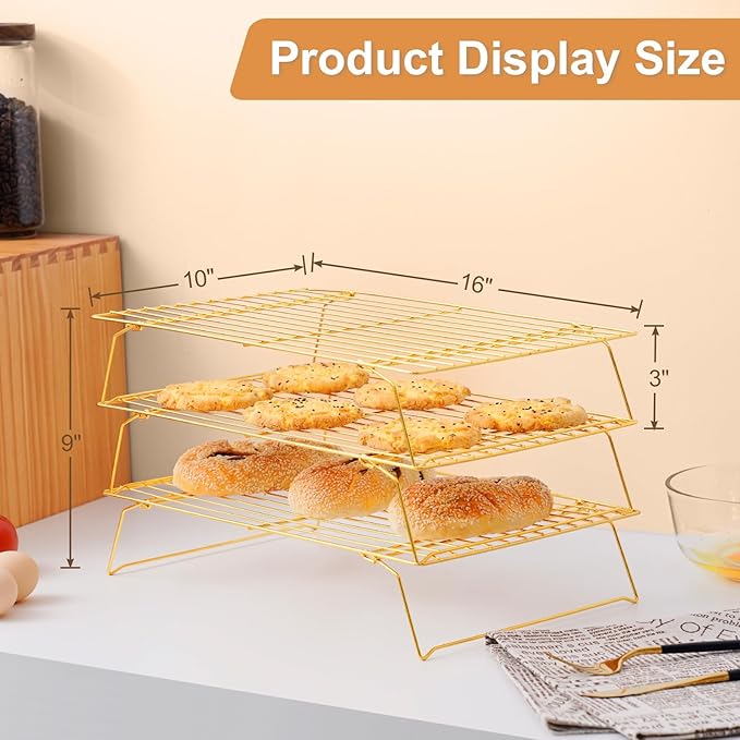 Cooling Rack for Baking 3 Tiers, 16" x 10" Cookie Cooling Wire Rack Stackable Collapsible Nonstick, Stainless Steel Baking Cooking Cooling Racks with Optimum Air Flow, Gold
