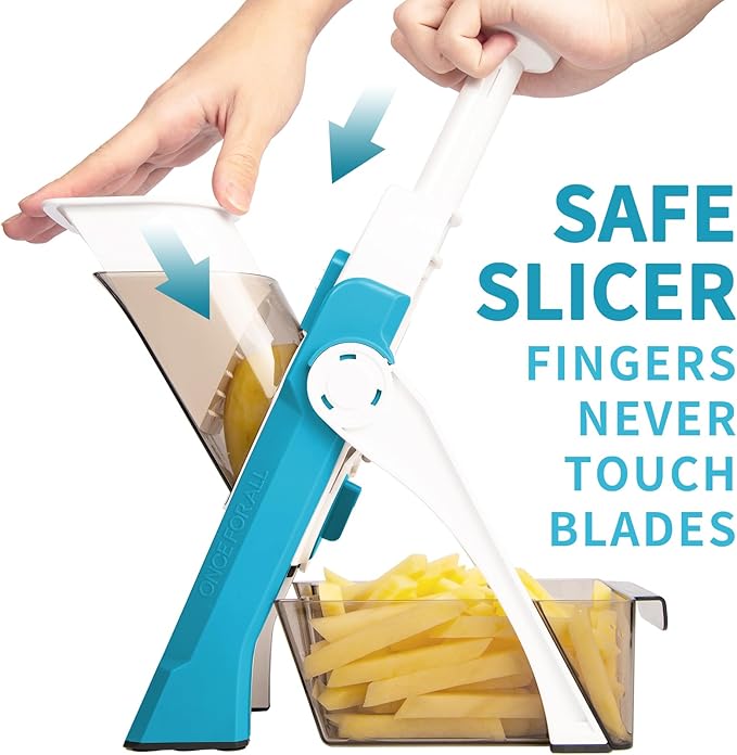 ONCE FOR ALL Safe Mandoline Slicer 5 in 1 Vegetable Cutter, Strips Julienne Dicer Adjustable Thickness 0.1-8 mm for Kitench Fast Meal Prep (Blue)