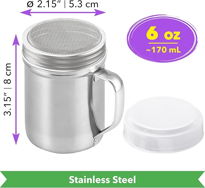 CUSINIUM Powdered Sugar Shaker Duster - With Handle - Cinnamon Shaker For Coffee Bar - Fine Mesh Dredge - 6 ounce | Style: Fine