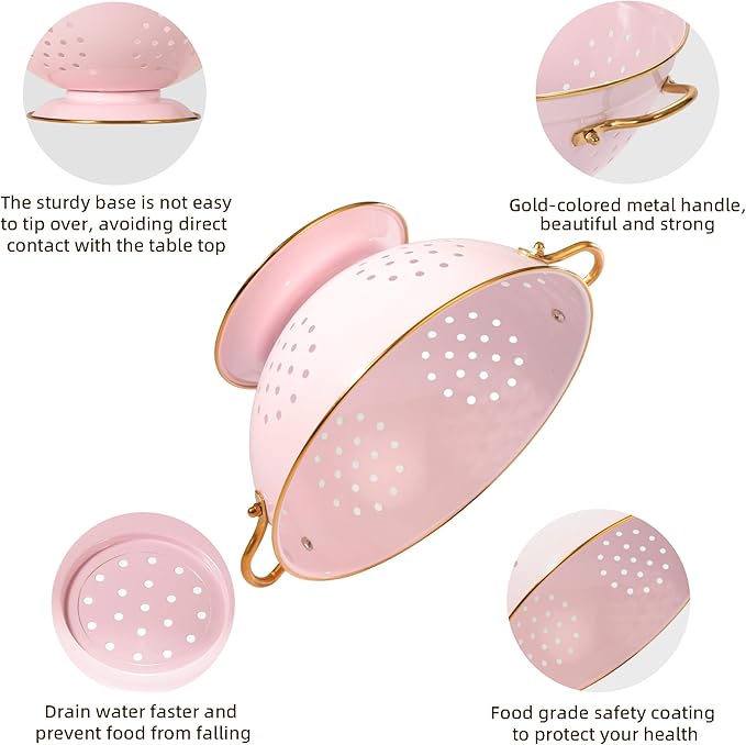 Metal Colander Set of 2, Strainer Basket with Handles 3.5 & 5 Qt Powder Coated Self-draining Solid Ring Base Metal Large Kitchen Colander Bowel for Pasta Vegetable Fruit (PINK)