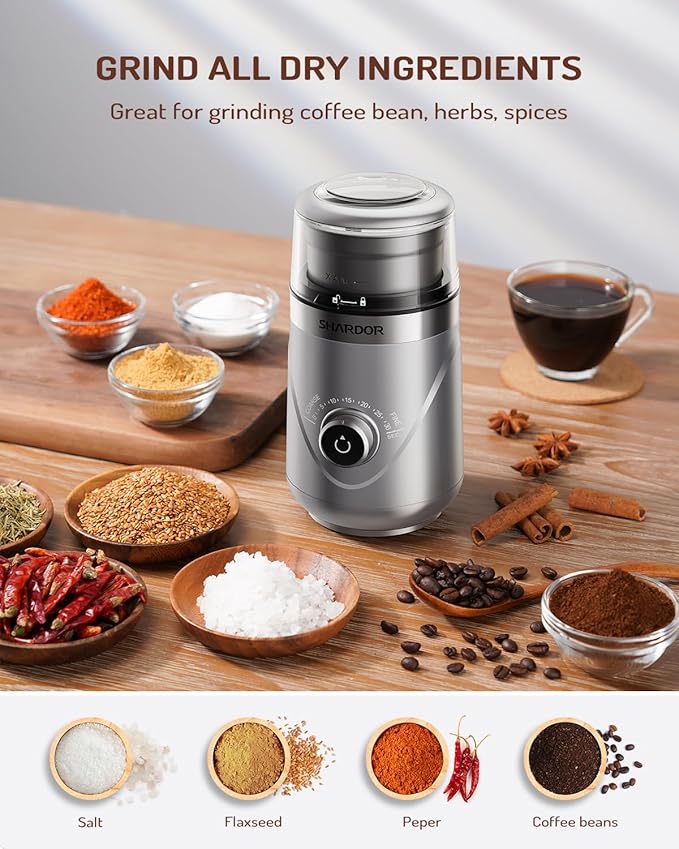 SHARDOR Electric Super Silent Blade Coffee Grinder, Timed Grind Control Rotary Knob, Adjustable Coarse to Fine for Coffee Beans, Spices & Herbs, with 1 Removable Stainless Steel Bowl, Sliver