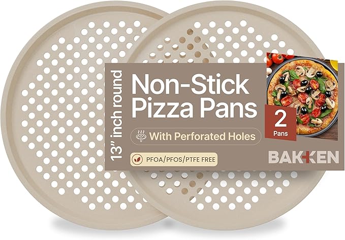 Bakken Pizza Baking Pan - Round Perforated Carbon Steel Pan with Non-Stick Marble Coating, Oversized Silicone Handle, Dishwasher Safe, High-Temperature Resistant, Durable & Easy Cleanup White, 2 Pack
