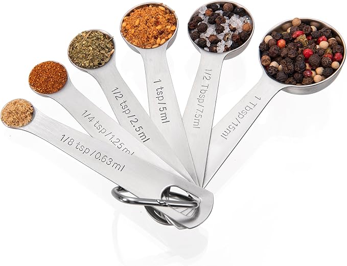 Doosu Measuring Spoons Set of 6-18/8 Stainless Steel Heavy Duty Teaspoons Tablespoons with Engraved Metric & US Measurements, Metal Measure Spoon for Dry and Liquid Ingredients, Dishwasher Safe