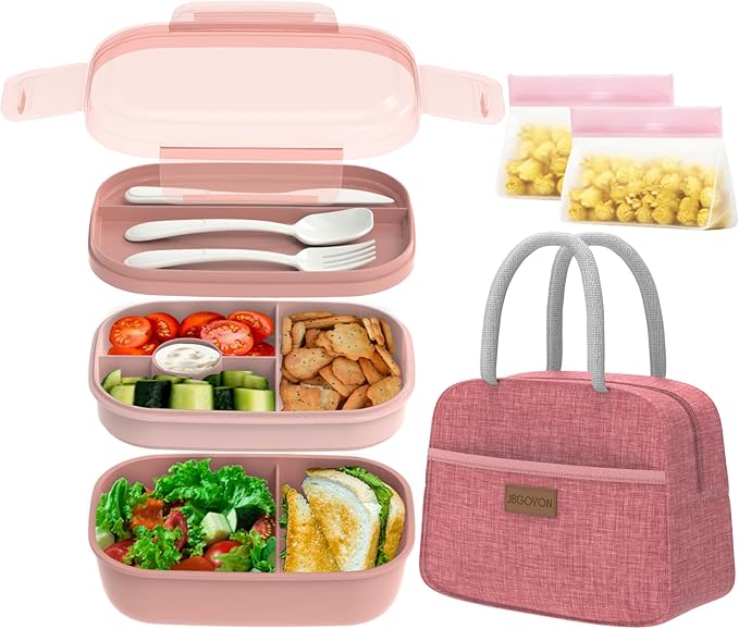 JBGOYON® Bento Lunch Box Set - 3 Stackable Containers for Adults and Kids，lunch box for women- Includes Lunch Bag, Leak-Proof and BPA-Free - Built-in Utensil Set - Dishwasher Safe (Pink)