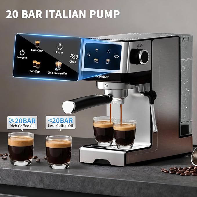 20Bar Espresso Machine with Hot & Rapid Cold Brew, Stainless Steel Coffee Makers, Cappuccino Latte Machine with Milk Frother Steam Wand for Home, 45oz Removable Water Tank, Touchscreen, Silver