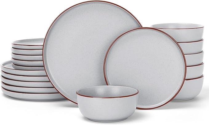 Famiware Mercury Plates and Bowls Sets, 18 Pieces Stoneware Dinnerware Sets, Dishes Set for 6, Microwave and Dishwasher Safe, Light Grey