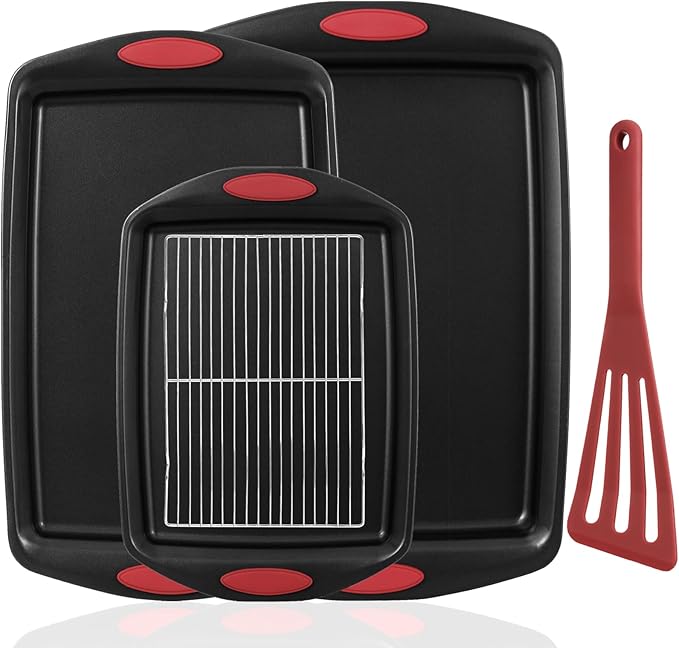 5-Piece Nonstick Baking Pans Set - Premium Carbon Steel Bakeware with PFOA/PFOS/PTFE-Free Coating, Red Silicone Handles (Black Red)