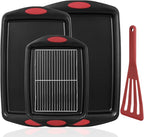 5-Piece Nonstick Baking Pans Set - Premium Carbon Steel Bakeware with PFOA/PFOS/PTFE-Free Coating, Red Silicone Handles (Black Red)