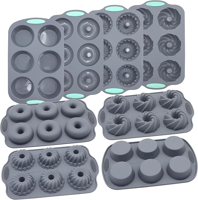 Tongjude 8 Pieces Silicone Donut Pans, Nonstick Silicone Muffin Pans, Heat Resistant Kitchen Oven Baking Cups, Dishwasher Safe and Microwave Safe, Grey