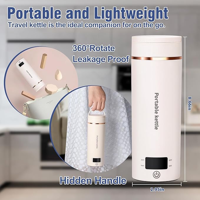 Travel Electric Kettle Portable Mini Kettle,Small Hot Water Boiler with 4 Temperature Settings,304 Stainless Steel,Fast Boiling Water with Auto Shut-Off and Boil Dry Protection,400ml (Beige, 400ML)