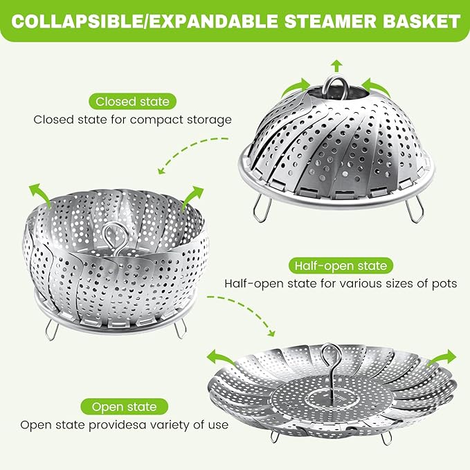 Steamer Basket Stainless Steel Instant Pot Accessories for Food and Vegetable, Zocy Premium Expandable Steam Basket to Fit Various Size Pots Medium (6.1" to 10.2"))