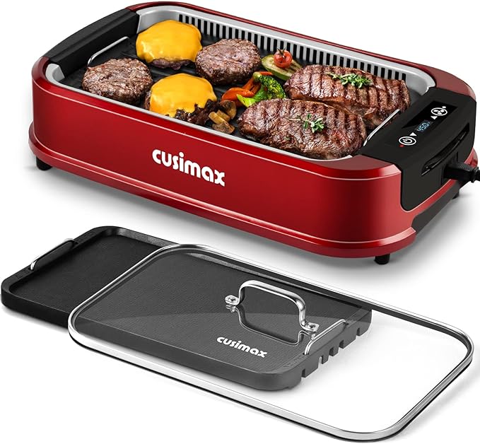 Indoor Grill, CUSIMAX Smokeless Grill Indoor, Electric Griddle, 1500W Korean BBQ Grill with LED Smart Display & Tempered Glass Lid, Non-stick Removable Plate & Griddle Plate, Red