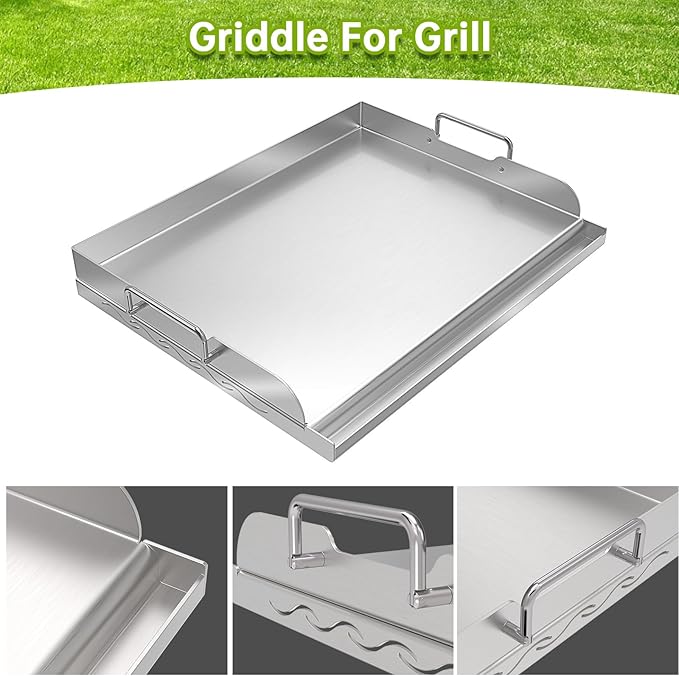 Universal Stainless Steel Griddle Flat Top Plate with Even Heating Bracing for BBQ Charcoal and Gas Grills, Camping, Tailgating, and Parties,with Grease Groove and Removable Handles (17" x 13")