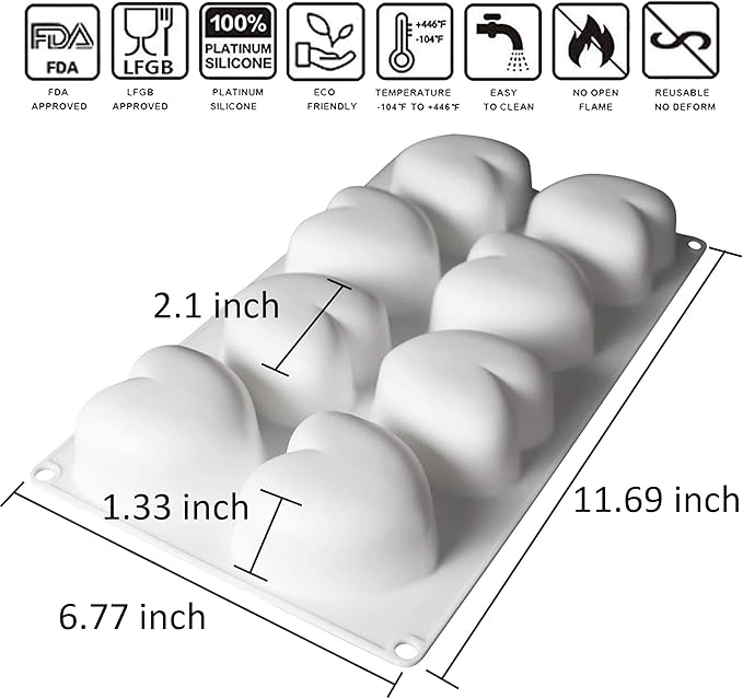 OCPO KITCHEN 3D Heart Silicone Molds for Baking Mousse Cake, 3D Silicone Baking Mold for Candy Pastry Chocolate Truffle Cupcake Jelly Cookie Pudding Cake Decoration Mold, 3D Heart Shape (8-Cavity)