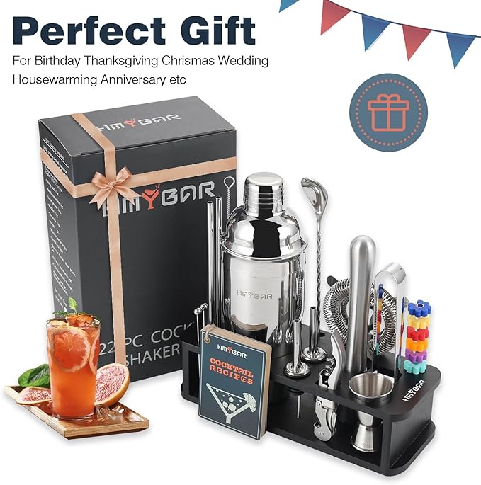 HMYBAR® 22-pc Cocktail Shaker Set(24oz/700ml) | Mixology Bartender Kit | Bar Tool Set | Martini Making Set with 39-Recipe Cocktail Cards & Kit's Deco, Bamboo Stand Black Color, Silver Tools