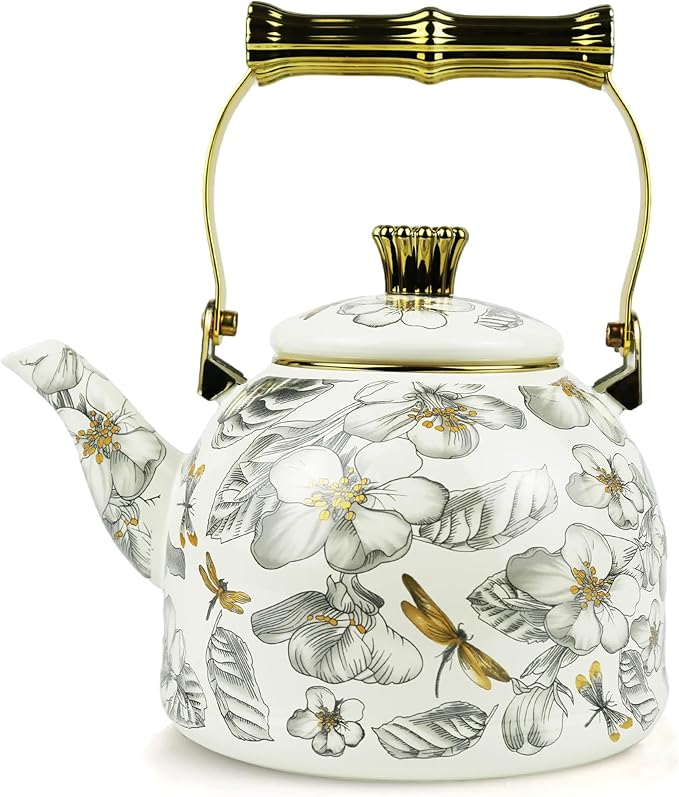 Vintage Enamel Tea Kettle, Dragonfly Floral Pattern Stovetop Teapot with Gold Handle, 2.5L Enamel Kettle Kitchen Decor, Ideal Gift for Housewarming Camping Coffee Pot