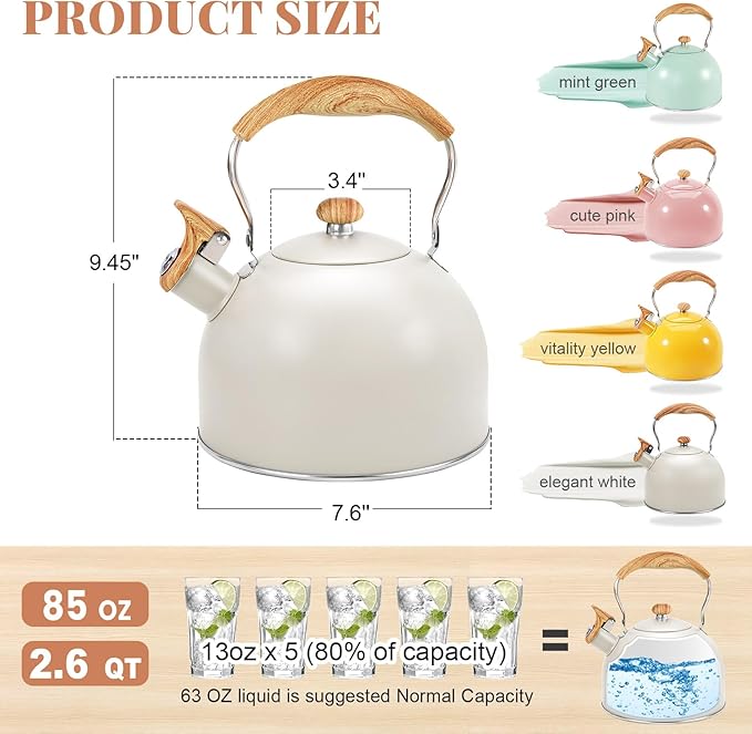GGC Tea Kettle for Stove Top, 85OZ/2.6QT Whistling Tea Kettles for Boiling Water Milik or Coffee, White Stainless Steel Tea Pots with Wood Pattern Folding Handle, Thumb Design Control Kettle Outlet