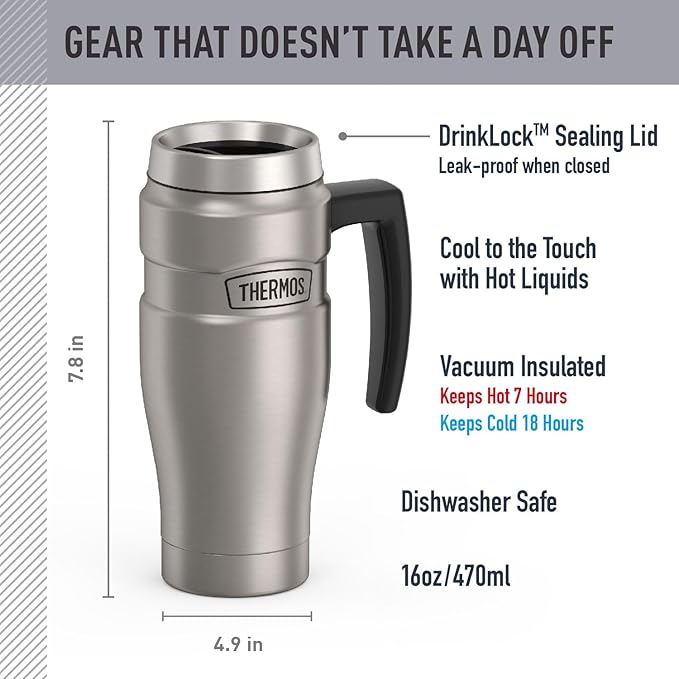 THERMOS Stainless King Vacuum-Insulated Travel Mug with Handle - 16oz, Matte Steel - Thermos Tumbler for Hot & Cold Drinks - Leak-Proof & Sweat-Proof Stainless Steel Coffee Mug with Lid for Commuting