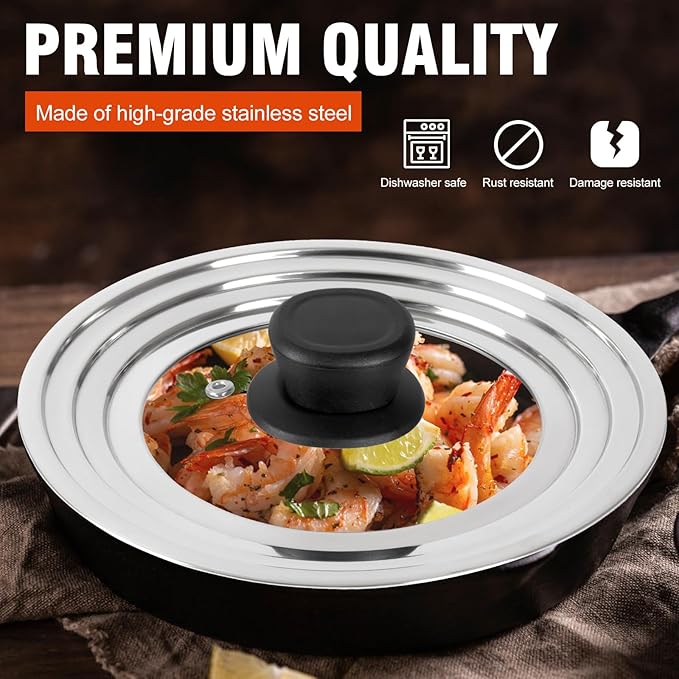 Universal Lid for Pots and Pans Skillets, Stainless Steel Pan Cover Fits 6-7-8 Inch Cookware,Replacement Frying Pan Cover, Cast Iron Skillet Pot Lids with Heat Resistant Knob