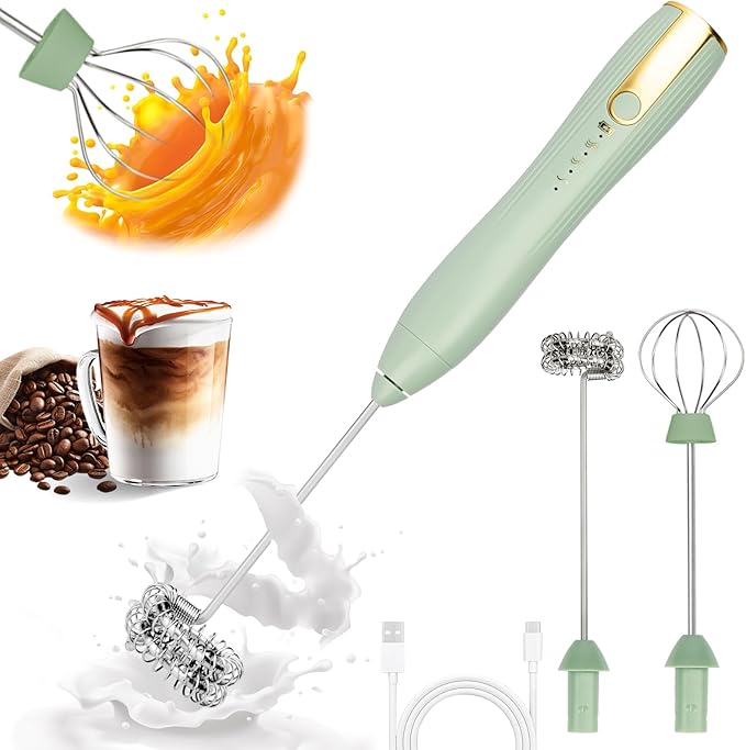 TonJin Frother Wand Rechargeable USB-C Milk Frother Handheld Mixer Electric with 2 Whisk Heads, 3 Speeds Adjustable Coffee Drink Mixer for Lattes, Matcha, Hot Chocolate, Egg, Matcha(Green)