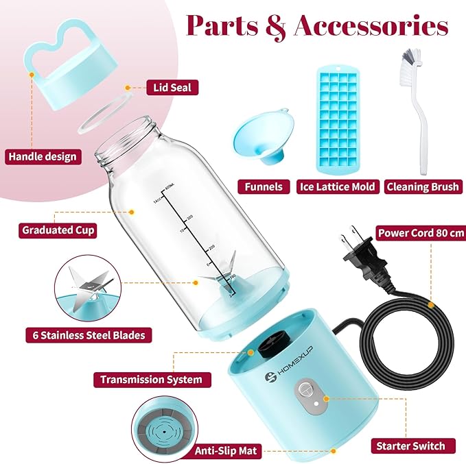 2PCS Portable Personal Blender 17 OZ/500 ML Juicer, 175W Personal Size Blender, Ideal for Smoothies, Ice Blending, Juicing, and Food Processing, Compact, Convenient, and Versatile（Blue&White）