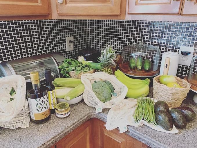 Reusable Mesh Produce Bags made from 100% Organic Cotton - 12"x10", Perfect Reusable Net Vegetable Bags - Washable Fruit, Vegetable & Produce Sacks (3 Medium)
