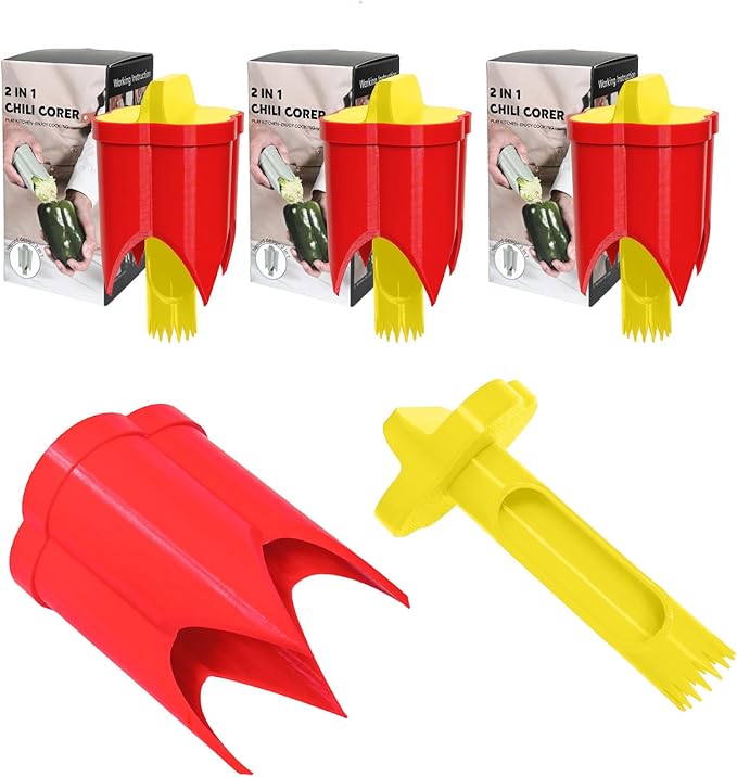 Pepper Corer, 2 in 1 Red Bell Pepper Seed Corer Remover Tool, Fruit & Vegetable Corers Quick Cave Tools for Jalapeno Cutter Deseeder, Yellow Red, 3 PCS