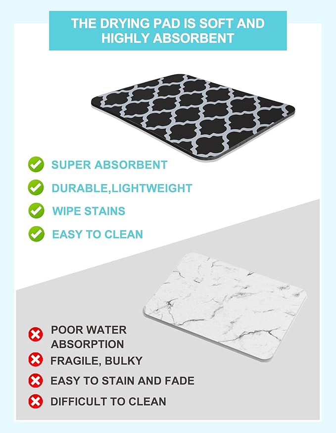 Dish Drying Mat for Kitchen Counter, 12"x19" Dish Drying Pad with Non-slip Rubber Backed, Hide Stain Anti Absorbent for Kitchen Counter, Drying Mat for Coffee Machine Dish Rack (Black Trellis)