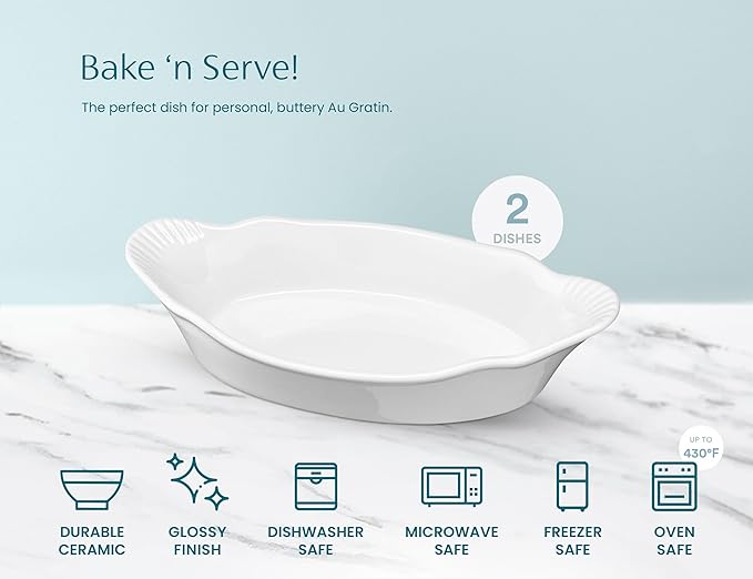 Au Gratin Baking Dishes, Ceramic, by Kook, for Casseroles, Lasagna & Cobblers, Individual Serving, Set of 2, Oven, Microwave & Dishwasher Safe Bakeware, 18 oz, Ivory
