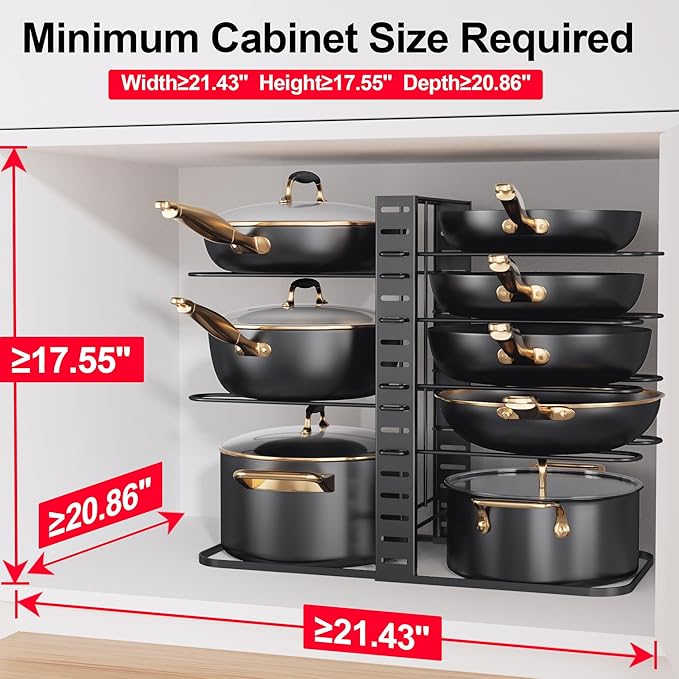 MUDEELA Pots and Pans Organizer Rack under Cabinet 14.55in Height, 8-Tiers Adjustable Pot Rack with 3 DIY Methods, Pot Lid Organizer inside Cabinet for Kitchen Pantry Organization and Storage