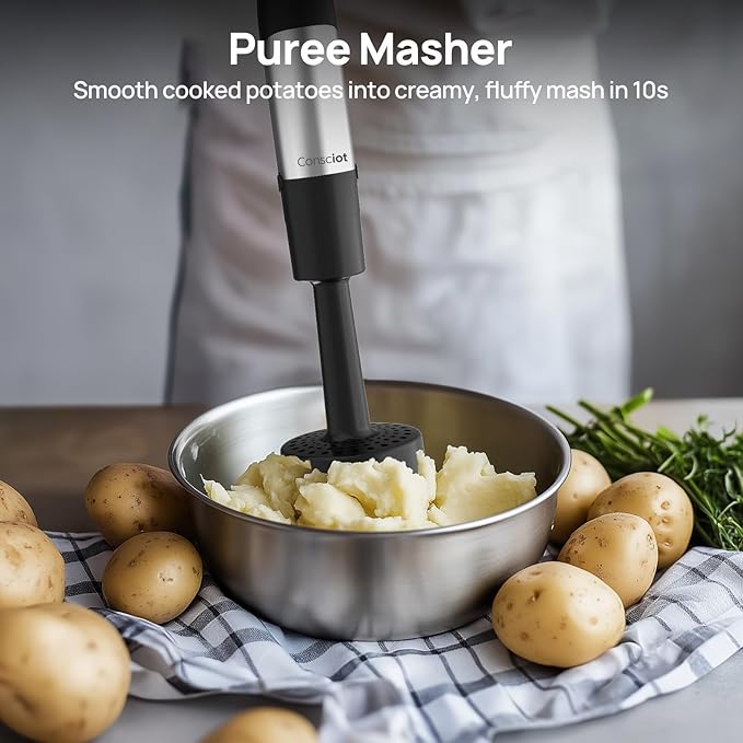 Consciot 10-in-1 Immersion Blender Handheld Max 1100W with Entire Stainless Steel Blender Shaft, Trigger Speed Control, 800ml Beaker, 600ml Chopper, Beaters, Frothers, Hooks, Masher, Whisk & 600ml Cup