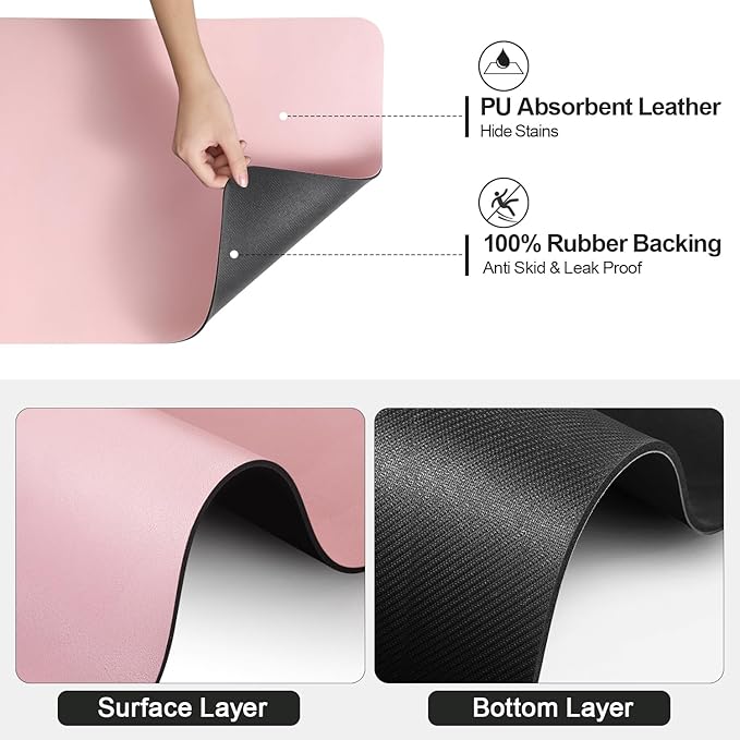 Ecotrim - Dish Drying Mat for Kitchen Counter | Coffee Bar Mat for Countertops | Heat Resistant Drainer Mat with Non-slip Rubber Backed | Hide Stain Kitchen Absorbent Draining Mat | Pink 18"x28"