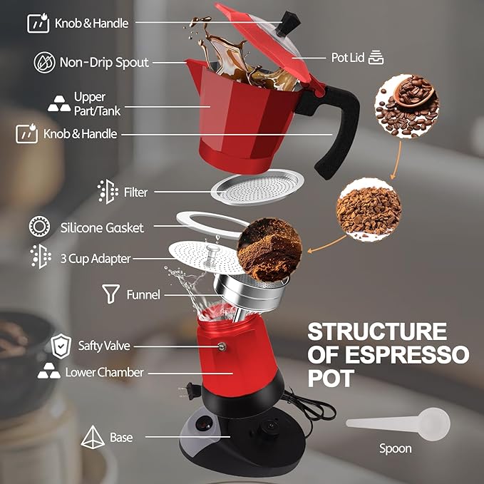 Aluminum Electric Moka Pot 5-6 Cup 270ml Express Coffee Maker Stovetop Espresso Portable Coffeemaker Italian Classic Brewing Greca Cafe Mocha with Removable Base and Overheating Protection Machine