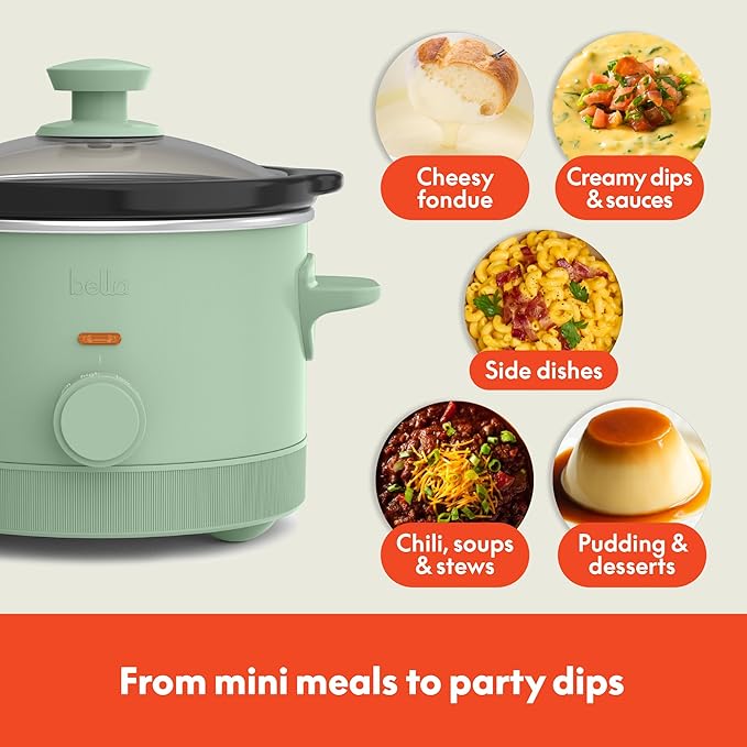 bella 1.5 Qt Slow Cooker with 3 Heat Manual Control, Ceramic Nonstick Coating, Dishwasher Safe Stoneware Pot and Tempered Glass Lid, Tangle Free Cord Wrap & Cool Touch Handles, Seaglass