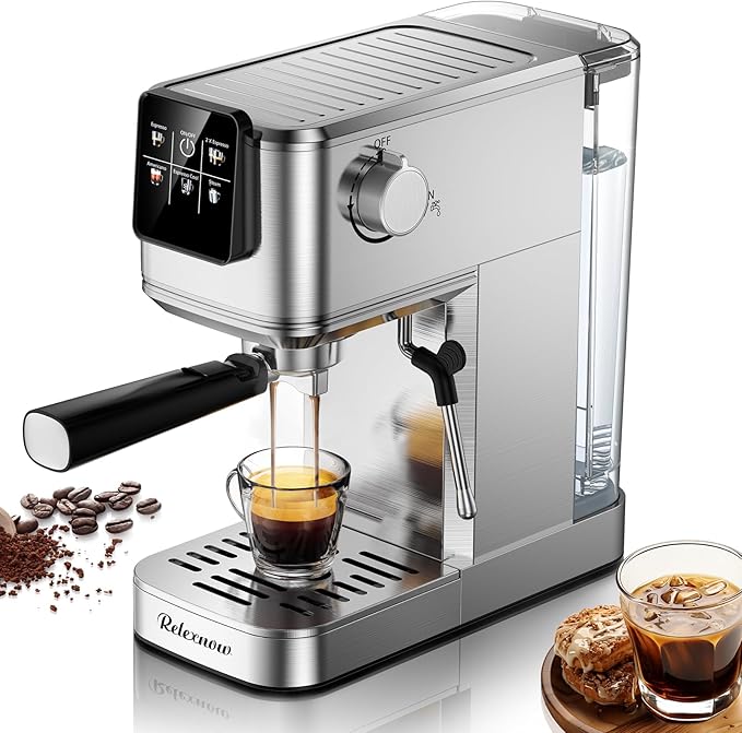 RELEXNOW Espresso Machine, 20 Bar Espresso Maker Milk Frother & LCD Panel, Hot & Iced with Rapid Cold Brew, Stainless Steel Espresso Coffee Machine with 41oz Water Tank for Cappuccino, Latte