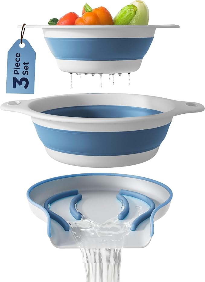 Collapsible Colanders (2 Pack Set) Food Strainers with Over-Sink Water Draining Base for Pasta Fruits and Vegetables (4 and 5 Quart) - White Blue