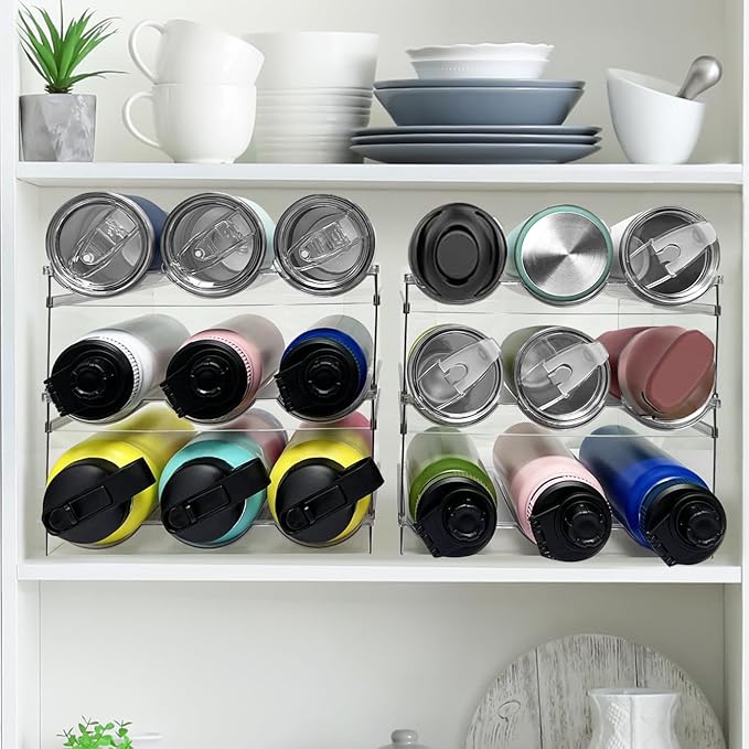 4 Pack Water Bottle Organizer, Stackable Kitchen Pantry Organization and Storage Shelf, Plastic Bottle Holder for Fridge Kitchen Cabinet Organizer and Storage, Tumbler Mug Cup Organizer