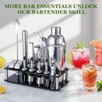 Cocktail Shaker Set, 23-Piece Stainless Steel Bartender Kit with Acrylic Stand & Cocktail Recipes Booklet, Professional Bar Tools for Drink Mixing, Home, Bar, Party (Include 4 Whiskey Stones)