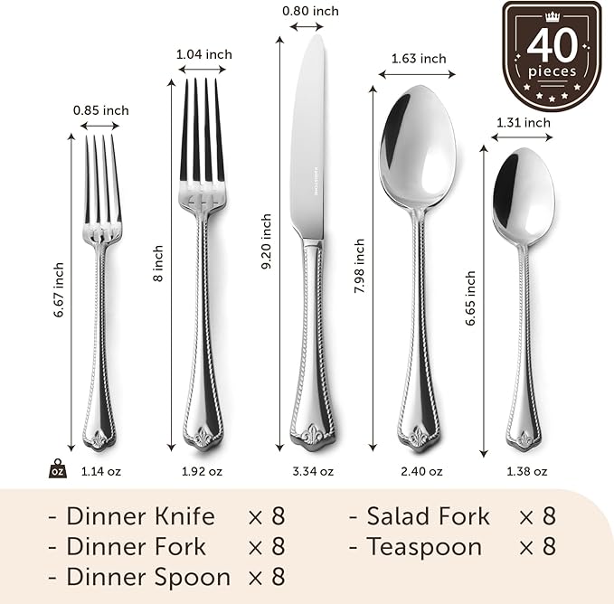 KINGSTONE Silverware Set, 40-piece 18/10 Stainless Steel Flatware Set Cutlery Set for 8, for Kitchen, Home, Wedding, Party, Mirror Polished and Dishwasher Safe, Featured Gifts