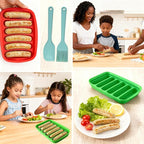 2 Pcs Silicone Sausage Mold with a Set of Silicone Brush Spatula and 25x Pastry Bags,Non-Stick Hot Dog Bun Pan,DIY Handmade Ham Sausage,Hot Dogs Baking Mold for Children's Food with Lid(Red,Green)