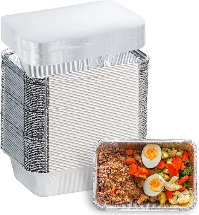 100 Pack Aluminum Foil Pans Disposable - 8.5"×6"×2" Foil Food Containers with Lids - 2.25 LB Heavy Duty Tin Foil Pans - for Cooking, Baking, Meal Prep and Freezer