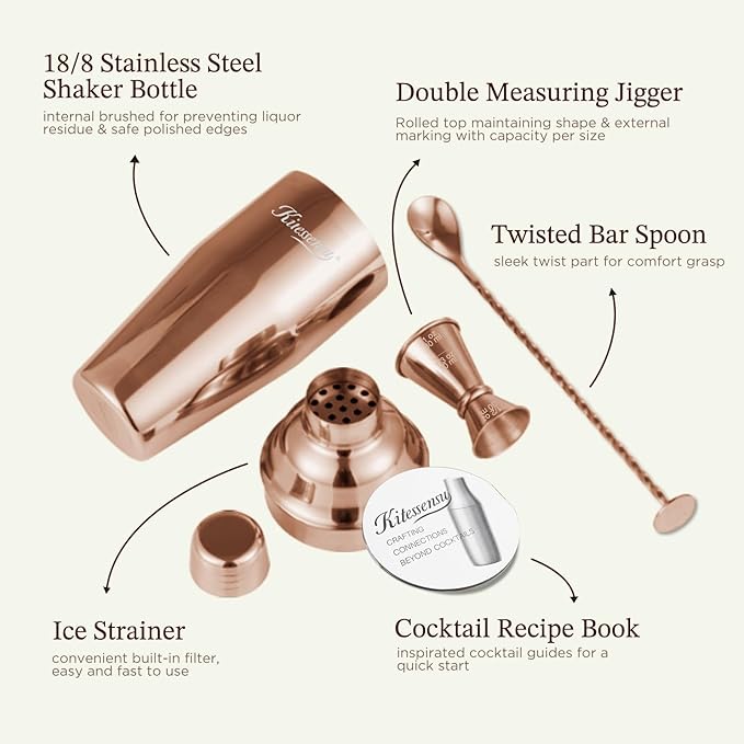 KITESSENSU Cocktail Shaker Set, Stainless Steel Bartending Kit with 25 Ounce Cocktail Shaker with Built in Drink Strainer, Measuring Jigger, Mixing Spoon & Drink Recipe Guide, Rose Gold