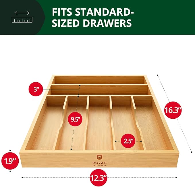 ROYAL CRAFT WOOD Luxury Bamboo Utensil Rack and Silverware Organizer, Kitchen Drawer Organizer - Utensil Holder and Cutlery Tray with Grooved Drawer Dividers for Flatware 7 Slot, Natural