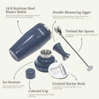 KITESSENSU Cocktail Shaker Set, Stainless Steel Martini Shaker with Bartender Strainer, Measuring Jigger, Bar Mixing Spoon, Cocktail Recipe Included, Navy