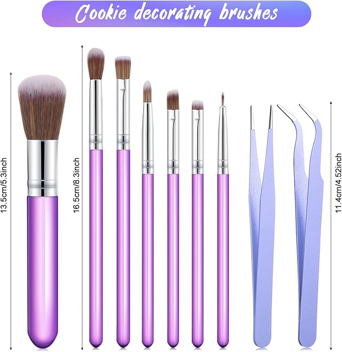 Sinmoe 10 Pieces Cake Candy Decorating Brushes Tools Cookie Decoration Brushes Pastry Brush and Stainless Steel Straight and Curved Tip Tweezers Pasta Tweezers for Baking Fondant (Purple Color)