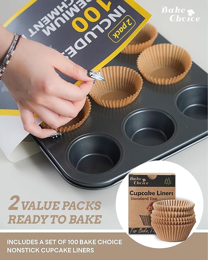 Bake Choice 2 Pack Muffin Pan for Baking, Standard Cupcake Pan includes 100 Natural Cupcake Liners, Muffin Tin Nonstick 12 Cup, Baking Pans Set, Carbon Steel Baking Supplies