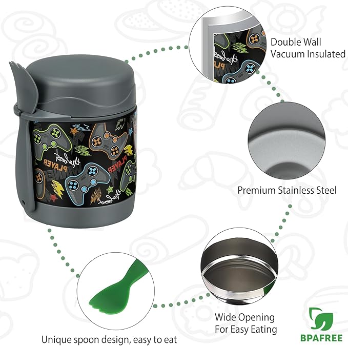 10oz Soup Thermo for Hot Food Kids,Lunch Thermo Kids Food Jar with Spoon Hot Insulated Food Containers,Leak Proof Stainless Steel Wide Mouth Lunch Food Thermo Jar for School(Black-Game Console)